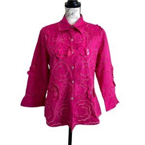 Pong Poco Women's Size M Top Button Up Cotton 3D Floral Hot Pink